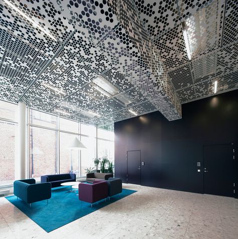 Flat Iron Building, Architecture Ceiling, Ceiling Treatments, Corporate Interiors, Lobby Design, Perforated Metal, Metal Ceiling, False Ceiling Design, Ceiling Panels