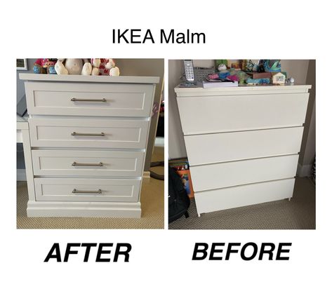 Ikea Malm Drawers Upcycle, Malm 3 Drawer Chest As Nightstand, Malm 4 Drawer Dresser Hack, Upcycle Ikea Drawers, Upcycled Ikea Drawers, Upcycle Malm Drawers, Malm Chest Of Drawers Hack, Ikea Malm Upcycle, Ikea Malm 4 Drawer Dresser