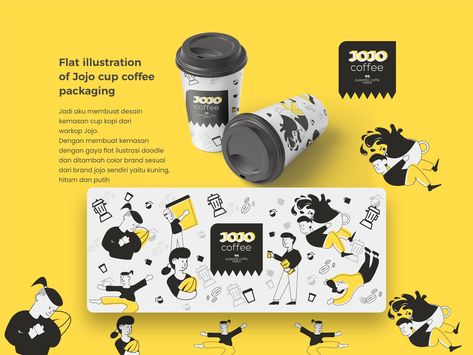 Jojo cup coffee packaging by DItz on Dribbble Doodle Packaging Design, Coffee Cup Illustration Design, Black And Yellow Branding, Black And White Packaging Design, Yellow Packaging Design, Coffee Cup Packaging Design, Cup Coffee Design, Doodle Packaging, Coffee Illustration Design