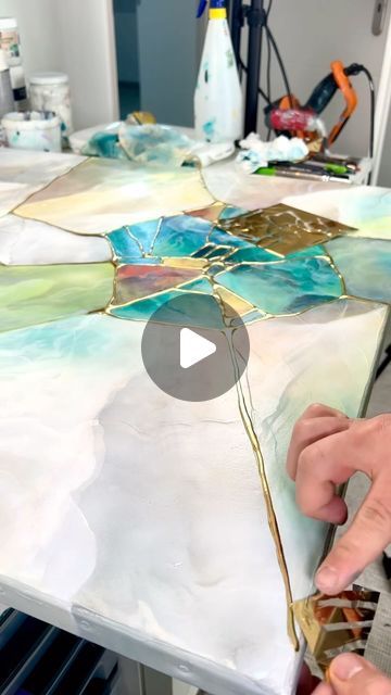 Victor Baroni on Instagram: "Welcome to the studio. Adding gold to this large Kintsugi inspired artwork. It almost looks like stained glass. It’s hand painted, I’ll add more videos of the process soon.   This 80x80 cm canvas will be available soon on my website.   #goldart #goldgilding #goldleaf #artreels #kintsugi #mineralart #victorbaroni #blueart #painting #artistreels #artdaily #contemporaryart #originalart" Minerals Art, Art How, Gold Art, Gold Gilding, Blue Art, Daily Art, The Process, The Studio, My Website