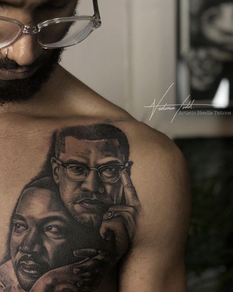 Black&grey realism Malcolm X & Martin Luther King. Done by Victoria Todd at Artisticneedle tattoos Martin Luther King Tattoo, Malcolm X Tattoo, Portrait Tattoo Sleeve, Dark Skin Tattoo, King Tattoo, Tribute Tattoos, History Tattoos, Tattoo Filler, X Tattoo