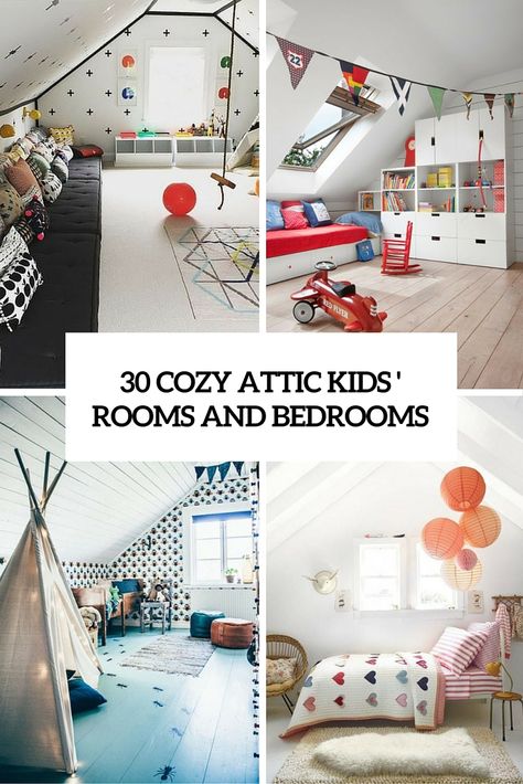 30 cozy attic kids rooms and bedrooms cover Attic Shared Bedroom Ideas, Attic Shared Bedroom, Making Attic Into Bedroom, Shared Attic Bedroom Sloped Ceiling, Bedroom Ideas For Attic Rooms Sloped Ceiling, Kids Bedroom Sloped Ceiling, Converted Attic Playroom, Attic Toy Room Ideas, Angled Ceiling Playroom