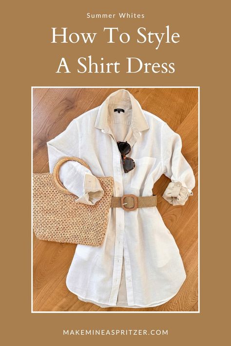 White Shirt Dress Pin Collage. What Shoes To Wear With Shirt Dress, Beige Shirt Dress Outfit, White Shirt Dress Street Style, Styling A Shirt Dress, White Shirt Dress Outfit Classy, Button Up Dress Outfit, Shirt Dress Street Style, White Shirt Dress Outfit, Shirt Dress Outfit Summer