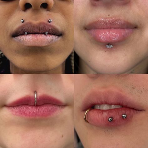 Which lip piercing will you choose? 😍  Top Left: Angel fangs 🪽 by @jorge.jabz Top Right: Labret piercing by @marcymods w/ white diamond from @kiwidiamondjewelry Bottom Left: Medusa piercing by @alexpokes  Bottom Right: Double Ashley piercings by @14needles  ⚔️livebytheswordtattoo.com⚔️ . . . . #livebytheswordtattoo #lippiercing #angelfangs #labretpiercing #medusapiercing #ashleypiercing #nyc Double Labret Piercing, Double Ashley Piercing, Horizontal Labret Piercing, Labret Piercing Aesthetic, Ashley Lip Piercing, Top Lip Piercing, Types Of Lip Piercings, Angel Fangs Piercing, Medusa Lip Piercing