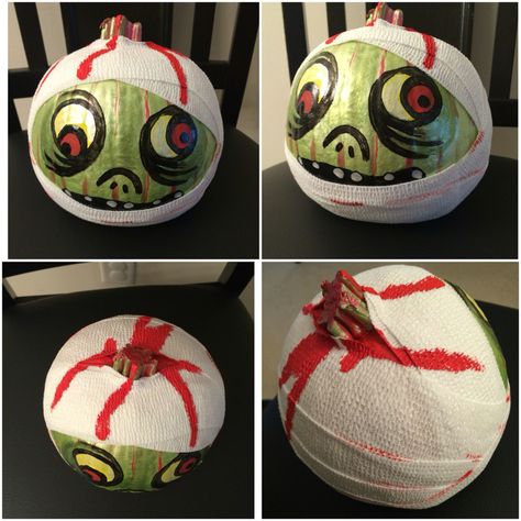 Zombie Pumpkin Painting Ideas, Pumpkin Painting Ideas Zombie, Mummy Pumpkin Painting, Painted Mummy Pumpkin, Mummy Pumpkin, Zombie Pumpkin Painting, Zombie Pumpkin, Nurse Pumpkin Decorating, Horror Painted Pumpkin