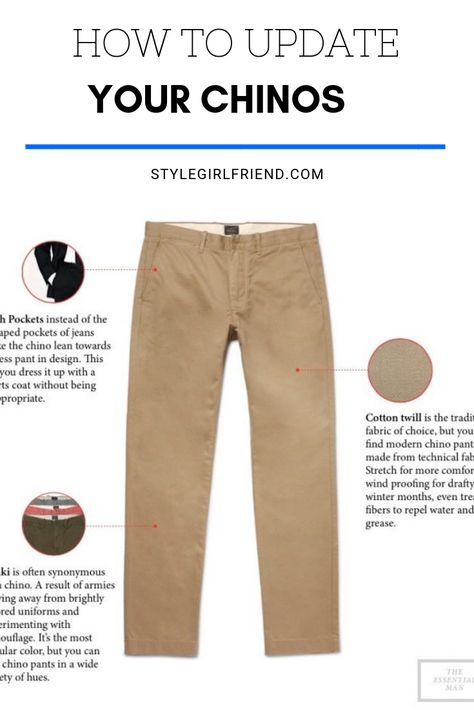 Check out how to update your old chinos! Men Chinos, Menswear Essentials, Chinos Men Outfit, Dinner Attire, Wardrobe Color Guide, Chinos Men, Mens Wardrobe Essentials, Dapper Outfit, Style Girlfriend