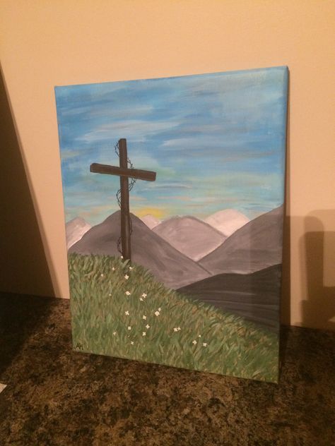 ❤️ loved how this cross picture turned out! Cross On A Hill Painting, Easy Christian Painting Ideas, Cross Painting Ideas, Cross Painting, Christian Painting Ideas, Cross Art Painting, Christian Canvas Paintings, Christian Drawings, Sunset Canvas Painting