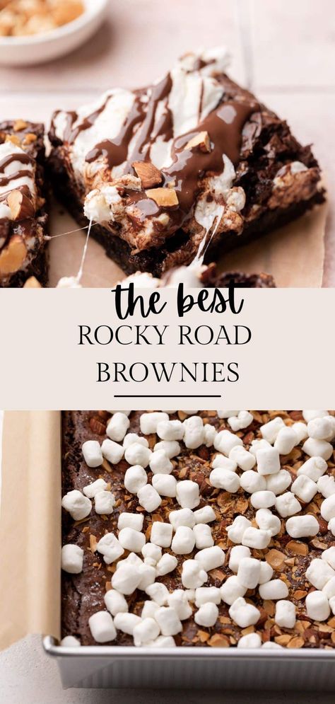 These rocky road brownies take homemade brownies to a whole new level! These deliciously moist, ooey-gooey brownies are topped with puffy marshmallows, crunchy almonds, and drizzled with melted chocolate! King Arthur Brownie Recipe, Rocky Road Brownies Recipe, Boxed Brownie Recipes, Rocky Road Brownies, Rocky Road Ice Cream, Chocolate Pairings, Homemade Brownies, Melted Chocolate, Crispy Treats