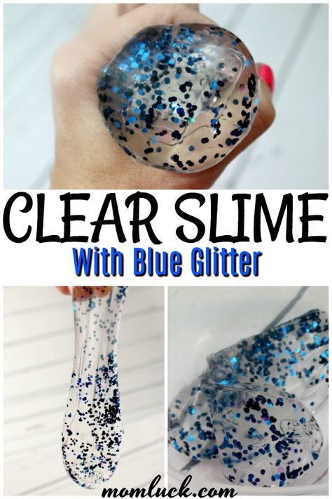 How to make clear glue slime. This easy slime recipe make crystal clear slime with blue glitter. #slime #clearslime #clearglueslime #howtomakeslime #glitterslime Make Your Own Slime Party, Easy Clear Slime Recipe, Slime Recipe Clear Glue, Slime With Clear Glue, Clear Glue Slime Recipe, Slime Recipe Clear, Glitter Slime Diy, Glitter Slime Recipe, Cool Slime Recipes