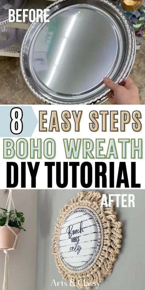 Bring the beach into your home with this stunning boho wreath DIY project. Using a Dollar Tree plastic platter, nautical rope, and a free Beach Vibes Only printable, you can create a gorgeous wreath that adds a touch of coastal elegance to any space. Follow my step-by-step guide and craft this beautiful, budget-friendly decor piece today. Decorative Rope Ideas, Diy Nautical Wreath, Diy Rope Decor, Boho Crafts Diy Decor Dollar Tree, Boho Wreath Ideas, Rope Crafts Diy Decor, Dollar Tree Boho Diy, Fall Decor Diy Dollar Tree, Nautical Wreath Ideas