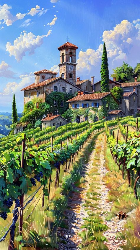 Tuscan Minecraft, Minecraft Vineyard, Vineyard Drawing, Tuscany Illustration, Vineyard Illustration, Italian Style House, Old Italy, Tuscany Vineyard, Art Pictures Ideas