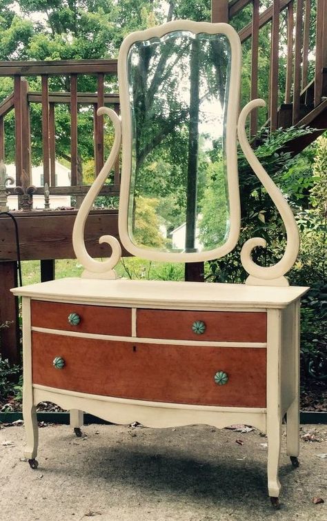 Painted lowboy chest makeover Before and after of this gorgeous birds eye maple lowboy chest! I rescued this lowboy from someone who had it sitting on a porch, it had alot of damage, mostly to the top and sides which I unfortunately didnt get a picture of! I ended up having to strip all the veneer off! I was able to save the drawers and they stayed natural! Pretty!! :) I painted antique white and then glazed with walnut stain, and lightly distressed, which gave this gorgeous ca… Maple Dresser Makeover, Diy Vanity Ideas, Maple Vanity, Smart With Money, Coffee Table Upcycle, Diy Kitchen Cupboards, Maple Dresser, Ikea Dresser Makeover, Chest Makeover