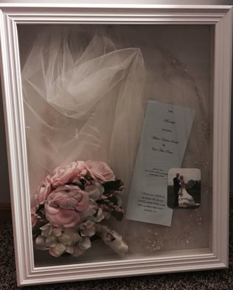 Finally made a shadow box for my veil...6 years later! Wedding Dress Shadow Box, Bouquet Shadow Box, Wedding Dress Display, Military Shadow Box, Baby Shadow Box, Wedding Shadow Box, Wedding Collage, Flower Shadow, Beach Wedding Colors