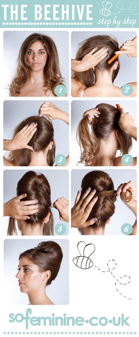 Rock the look that has been a fashion go to for years! Follow these simple steps to achieve the classic beehive. Cabelo Pin Up, Beehive Hairstyle, Teenage Girl Hairstyles, Formal Hairstyles Updo, Teenage Hairstyles, Beehive Hair, Gothic Hairstyles, Athletic Hairstyles, Braided Hairstyles Easy