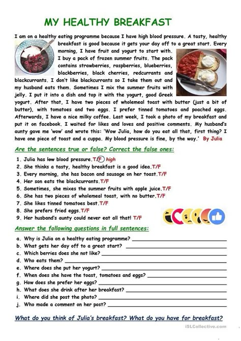 My School, Esl Reading Comprehension Worksheets, Describing Food Worksheet, Esl Cooking Worksheets, Healthy Full English Breakfast, Esl Reading Comprehension, Esl Reading, Reading Comprehension For Kids, Teaching Reading Comprehension