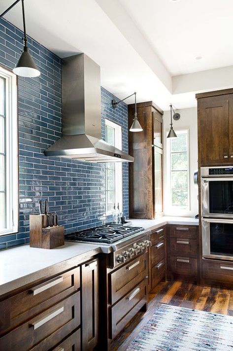 Kitchen with Rustic Wood Cabinetry and Blue Tile Blue Tile Backsplash Kitchen, Blue Backsplash Kitchen, Espresso Kitchen Cabinets, Solid Wood Kitchen Cabinets, Espresso Kitchen, Blue Backsplash, Solid Wood Kitchens, Dark Wood Cabinets, Wood Kitchen Cabinets