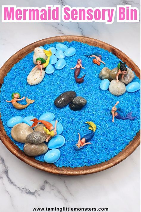 Easy Mermaid Sensory Bin for Kids.    A fun sensory activity that is perfect for toddlers and preschoolers who love mermaids.    #sensory #toddler #preschool Mermaid Sensory Bin Diy, Mermaid Activities For Kids, Mermaid Sensory Bin, Mermaid Activities, Mermaid Sensory, Kids Sensory Activities, Infant Sensory Activities, Diy Mermaid, Mermaid Toys