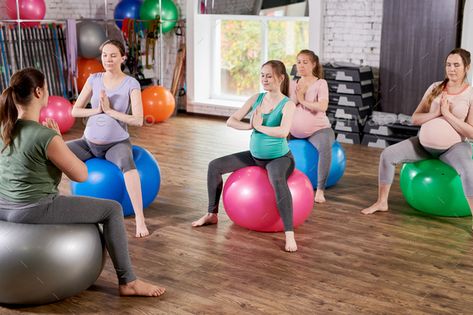 Pregnant Women Doing Yoga by seventyfourimages. Full length portrait of four pregnant women meditating sitting on fitness balls during prenatal yoga class #AD #length, #Full, #pregnant, #portrait Fitness Pregnancy, Working Out While Pregnant, Prenatal Pilates, Exercise While Pregnant, Pregnancy Calendar, Exercise During Pregnancy, Pelvic Floor Exercises, Mang Thai, Pregnancy Safe Products