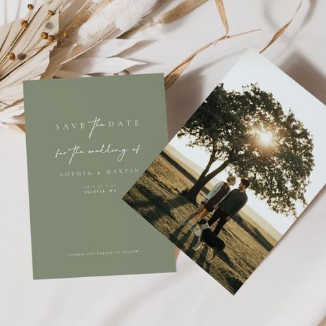 Minimalist Sage Green Photo Save the Date Card Sage Wedding Invitations, Engagement Hand, Botanical Minimalist, Modern Greenery, Typography Minimalist, Wedding Invitation Trends, Modern Classic Wedding Invitations, Photo Engagement, Sage Wedding