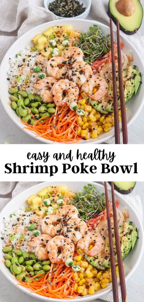 poke bowl with shrimp, rice, pineapple, edamame and spicy mayo sauce in a white bowl with wooden chopsticks. Shrimp Poke Bowl, Hawaiian Shrimp, Spicy Mayo Sauce, Salad Bowl Recipes, Sushi Bowl Recipe, Poke Bowl Recipe, Cooked Shrimp, Mayo Sauce, Bowls Recipes