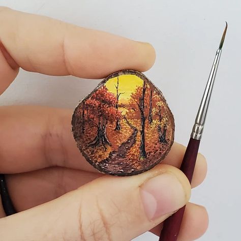 Autumn, nature path, fall painting Bazaar Painting, Stump Painting, Tiny Acrylic Painting, Disk Art, Mini Masterpieces, Earring Art, Clay Painting, Tiny Paintings, Polymer Clay Painting