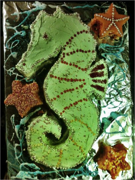 Seahorse Birthday Cake, Seahorse Cake Birthdays, Dragon Seahorse Tattoo, Seahorse Party, Seahorse Cookies, Seahorse Cake, Pregnant Seahorse, Food Decorating, 5 Birthday