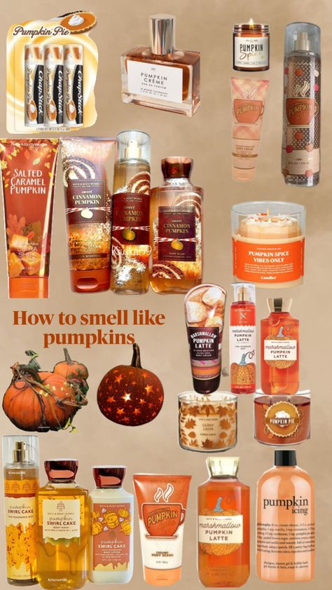 This image displays a collection of pumpkin-themed bath and body products, including lotions, perfumes, body washes, and candles. Brands like Bath & Body Works are featured, with products such as “Pumpkin Swirl Cake,” “Sweet Cinnamon Pumpkin,” “Pumpkin Icing,” and “Marshmallow Pumpkin Latte.” Candles include “Pumpkin Spice Vibes Only” and “Pumpkin Pie.” Decorative pumpkins and a glowing lantern complete the collage, titled “How to smell like pumpkins.” How To Smell Like Pumpkin, Pumpkin Skincare, Diy Lotion Recipe, Fragrance Aesthetic, Glowing Skin Diy, Lotion Recipe, Pumpkin Scent, Best Lotion, Diy Lotion