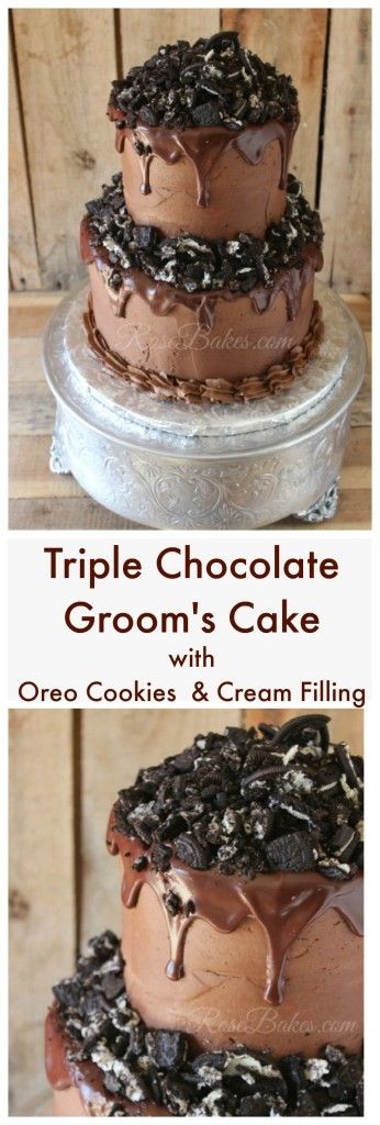 Triple Chocolate Groom's Cake with Oreo Cookies & Cream Filling Oreo Wedding Cake, Easy Diy Wedding Food, Chocolate Grooms Cake, Wedding Cake Icing, Cupcakes Decorating, Crushed Oreo, Diy Wedding Food, Grooms Table, Tier Cakes