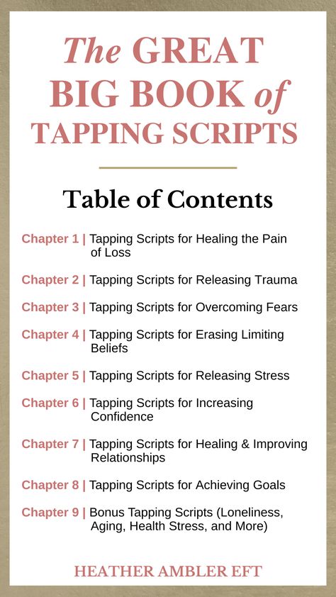 My new book, The Great Big Book of Tapping Scripts, takes the issues you want to heal, and unpacks them for you, so all you have to do is tap them out.

So if you like using EFT for self-healing, but you struggle to come up with effective tapping statements, The Great Big Book of Tapping Scripts is for you!

Click through to learn more and grab your copy now.

#EFTtapping #tappingtherapy #EFTpractitioner #tappingscripts #EFTtappingscripts  #limitingbeliefs #confidence Eft Tapping Scripts For Confidence, Eft Tapping For Limiting Beliefs, Eft Scripts, Tapping Scripts, Eft Tapping Scripts, Psychology Notes, Emotional Freedom Technique (eft), Meditation Scripts, Guided Imagery