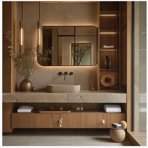 Japandi Restroom, Japandi Master Bath, Japandi Bathroom Vanity, Luxurious Bathrooms Master Baths, Japandi Powder Room, Hotel Bathroom Ideas, Japandi Luxury, Japandi Condo, Hotel Bathroom Design Luxury