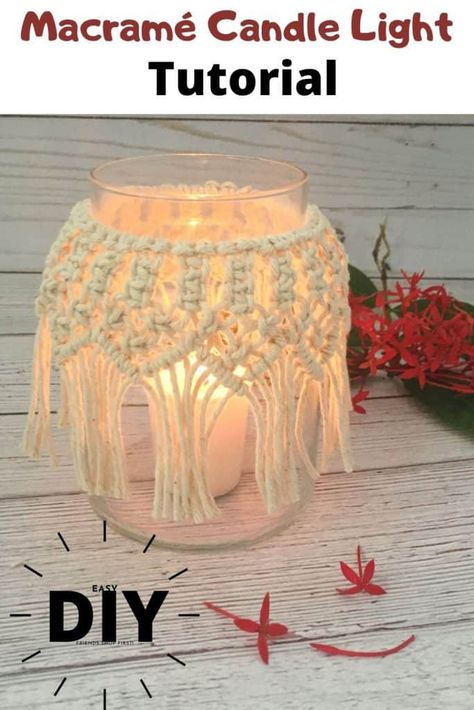 DIY Macrame Candle Holder Tutorial - Crafting on the Fly Macrame Candle, Macrame Candle Holder, Simpul Makrame, Art Macramé, Pola Macrame, Easy Macrame, Macrame Knots Tutorial, Macrame Knots Pattern, Macrame Wall Hanging Diy