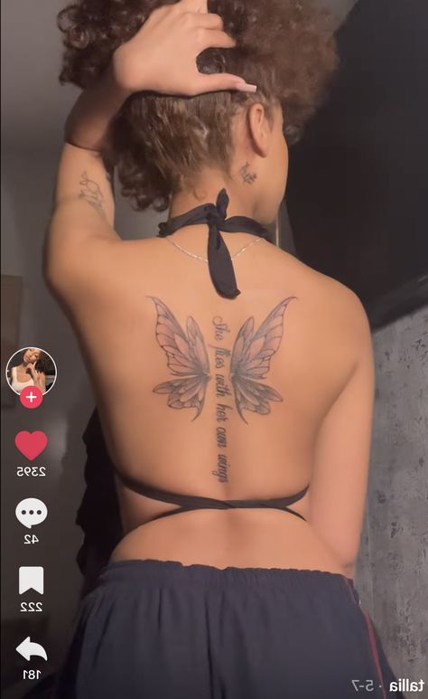 Cute Back Tats Women, Butterflies Across Back Tattoo, Tramp Stamp And Spine Tattoos Together, Back Dermals And Tramp Stamp, Subtle Back Tattoos, Spine Tattoos For Women With Butterflies, Baddie Tats Spine, Spine Tattoo Add On, Medium Back Tattoos For Women