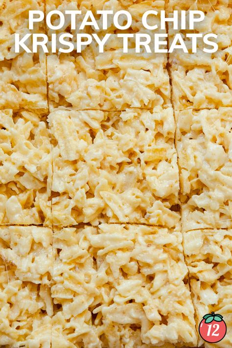 Potato Chip Krispie Treats | 12 Tomatoes Frito Chips Desert, Savory Rice Krispie Treats, Crispy Treats Recipe, Gluten Free Marshmallows, Porch Party, Potato Chip Recipes, Cooking Panda, Krispie Treats Recipe, Frito Lay