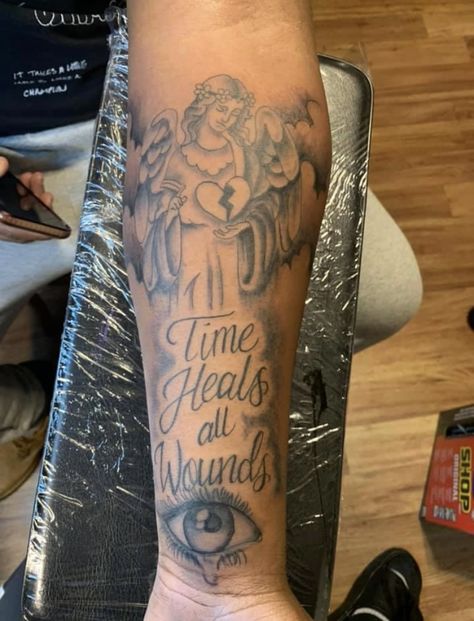 Time Heals Tattoo, Time Heals All Wounds Tattoo, Serenity Prayer Tattoo, Cristiano Ronaldo Hairstyle, Neo Traditional Art, Karma Tattoo, Cool Forearm Tattoos, Half Sleeve Tattoos For Guys, Serenity Prayer