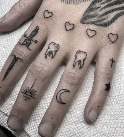 Tooth Tattoo, Finger Tats, Knuckle Tattoos, Hand And Finger Tattoos, Finger Tattoo Designs, Finger Tattoo, Small Hand Tattoos, Poke Tattoo, Dope Tattoos