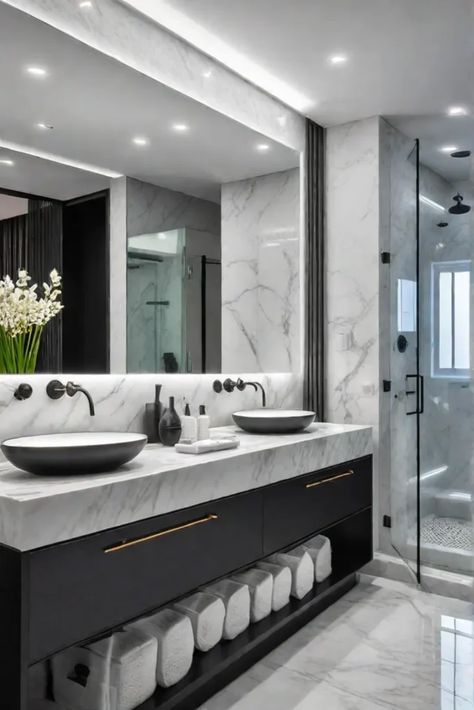 modern bathroom bright and spacious Bathroom Lighting Ideas Vanities, Bright Bathroom Ideas, Bright Bathroom Design, Modern Bathroom Vanity Ideas, Restroom Decor Ideas, Smallest Bathroom, Bathroom Bright, Luxury Small Bathroom, Restroom Ideas