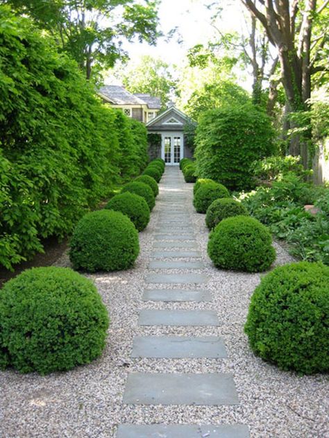 Hardscaping 101: Design Guide for Paths and Pavers English Cottage Porch Railing, Globe Cedar Landscaping, Colonial Landscaping, Gravel Gardens, Flower Landscaping, Gravel Walkway, Pathway Ideas, Country Garden Design, Hawthorne House