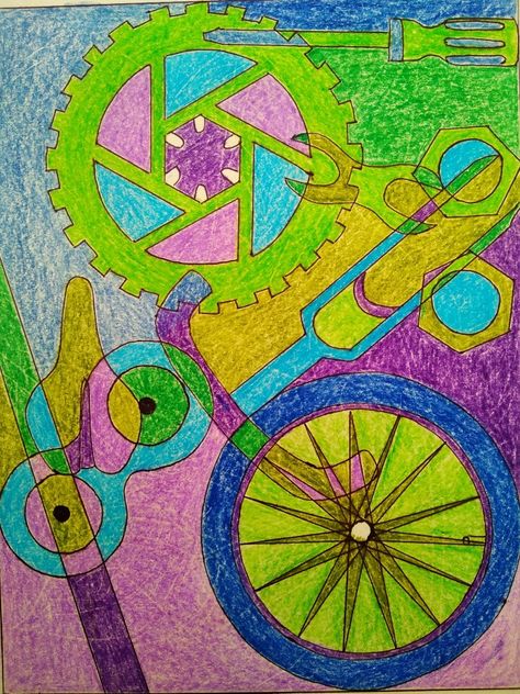 Cycle Parts Drawing, Bicycle Parts Art, 2d Composition, High School Drawing, Bicycle Drawing, Cool Colours, Composition Drawing, Art Foundation, Design Composition