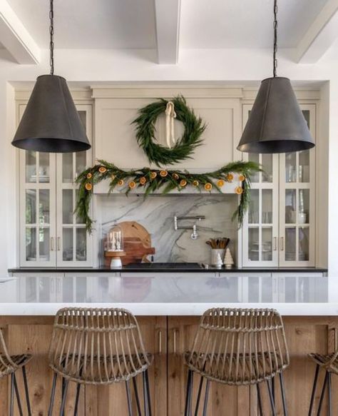 Kitchen With Marble Backsplash, Kitchen With Marble, Greige Kitchen, Stove Hood, Kitchen Post, Marble Backsplash, Kitchen Hoods, Wall Window, Orange Garland