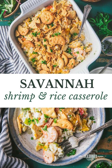 Southern comfort food at its best! This shrimp and rice casserole is creamy, cheesy, and finished with a buttery Ritz cracker topping. Best of all, the easy supper comes together in about 15 minutes, making it a delicious way to feed your family on busy nights. Shrimp And Rice Casserole, Ritz Cracker Topping, Frozen Cooked Shrimp, Shrimp Casserole, Wild Rice Casserole, Southern Comfort Food, Green Beans With Bacon, Ritz Cracker, Creamy Rice