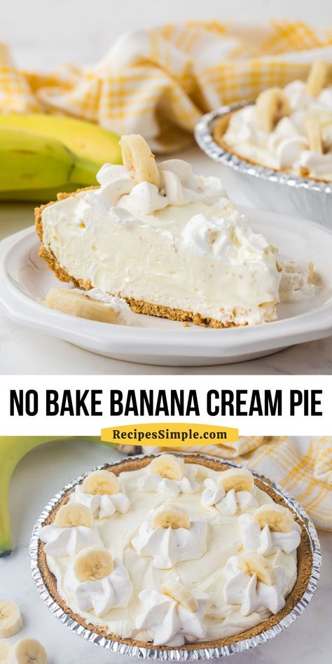 This no bake banana cream pie is made with a creamy banana pudding filling, buttery graham cracker crust, and a fluffy whipped cream topping. Easy no-bake dessert recipe! No Bake Banana Desserts, No Bake Cream Pies, Banana Cream Pie Bars, Banana Cream Pie With Pudding, Banana Pudding Pie Recipe, No Bake Pie Filling, Banana Cream Pie Recipe Easy, Banana Cream Dessert Recipes, Banana Dessert No Bake