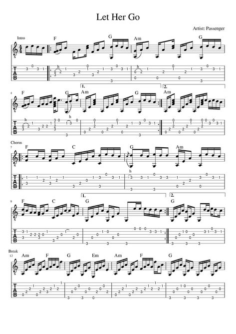 Let Her Go - Passenger Easy Fingerstyle Guitar Songs, Guitar Fingerstyle Tab, Fingerstyle Guitar Tabs, Let Her Go Guitar, Ukulele Tabs Songs, Guitar Scales Charts, Guitar Fingerstyle, Fingerstyle Guitar Lessons, Guitar Tabs Acoustic