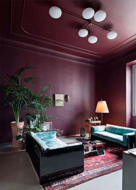 Mauve Office Ideas, Dark Purple Room Aesthetic, Turquoise Velvet Sofa, Plum Living Room, Plum Room, Interiors 2024, Purple Ceiling, Purple Palace, Burgundy Room