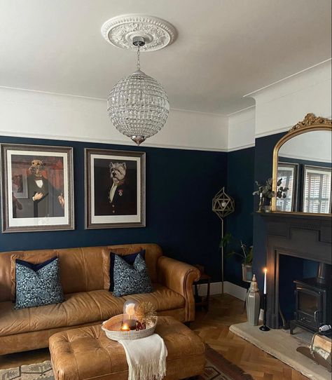 Petrol Blue Living Room, Front Room Ideas Cosy, Cosy Cottage Living Room, Quirky Living Room, Dining Room London, Victorian House Interiors, Navy Living Rooms, Victorian Living Room, Velvet Footstool