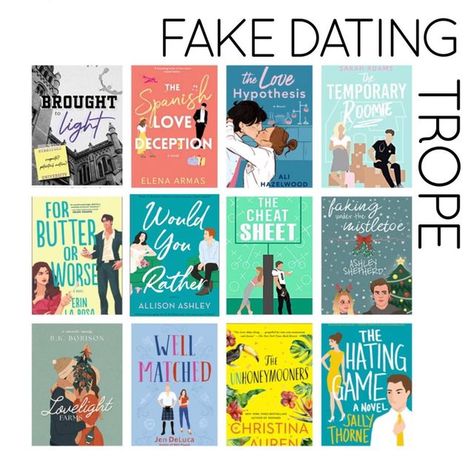 Book Reviewer | Lindsey on Instagram: "Books by Trope Part 1: Fake Dating Trope The Unhoneymooners Would You Rather Brought to Light For Butter or Worse Lovelight Farms Spanish Love Deception Well Matched The Cheat Sheet Faking under the Mistletoe The Love Hypothesis The Hating Game The Temporary Roomie #fakedating #fakedatingtrope #fakedatingromance #booksbytrope #romancebooks #romancebooksofinstagram #bookrecommendations #contemporaryromance #contemporaryromancebooks #romanticcomedy #romant Dating You Hating You, For Butter Or Worse Book, Books Like The Cheat Sheet, To Love Jason Thorne Book, Fake Dating Trope Books, Fake Dating Book Recs, She Fell First But He Fell Harder Trope Books, Love Light Farms Book, Light Romance Books