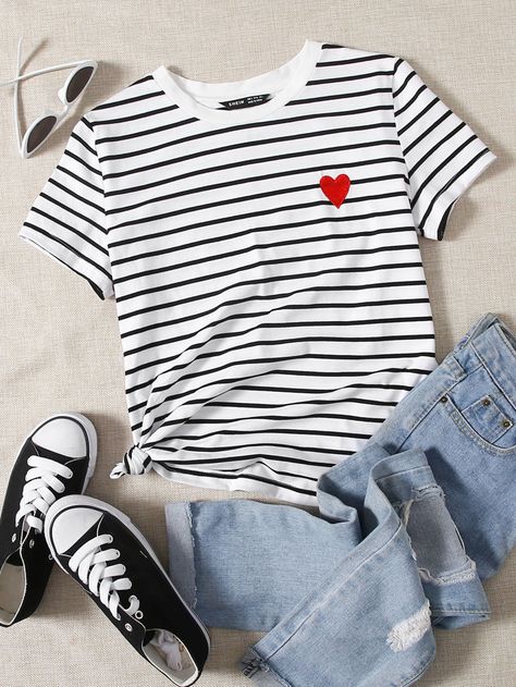 Free Returns ✓ Free Shipping On Orders $49+ ✓. SHEIN Heart Embroidery Striped Tee- Women T-Shirts at SHEIN. Chic Romper, Dresses For Pregnant Women, Heart Embroidery, Stripe Outfits, African Men Fashion, Striped Fabrics, Embroidery Details, White Casual, Striped Tee