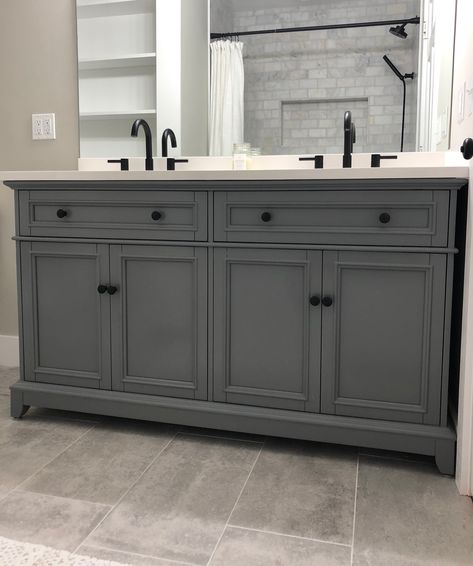 Farmhouse Gray Vanity With Matte Black Jacuzzi Hardware Black Jacuzzi, Black Hardware Bathroom, Grey Bathroom Cabinets, Farmhouse Gray, Dark Gray Bathroom, Bathroom Vanity Designs, Grey Bathroom Vanity, Gray Vanity, Matte Black Hardware