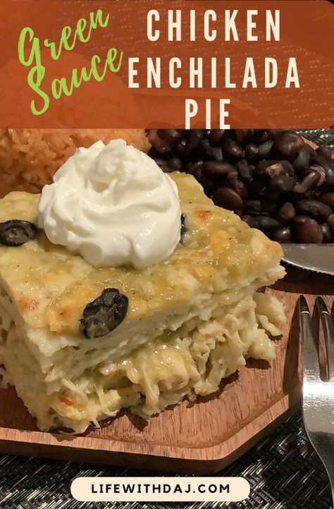 Scrumptious chicken enchilada pie that is easy to make and sure to become a family fav! Get the full recipe on lifewithdaj.com Salsa Verde Enchilada Pie, Chicken Enchilada Pie, Chicken Enchalada, Frito Taco Salad, Homemade Spanish Rice, Spanish Rice And Beans, Salsa Verde Chicken Enchiladas, Enchilada Pie, Sour Cream Substitute