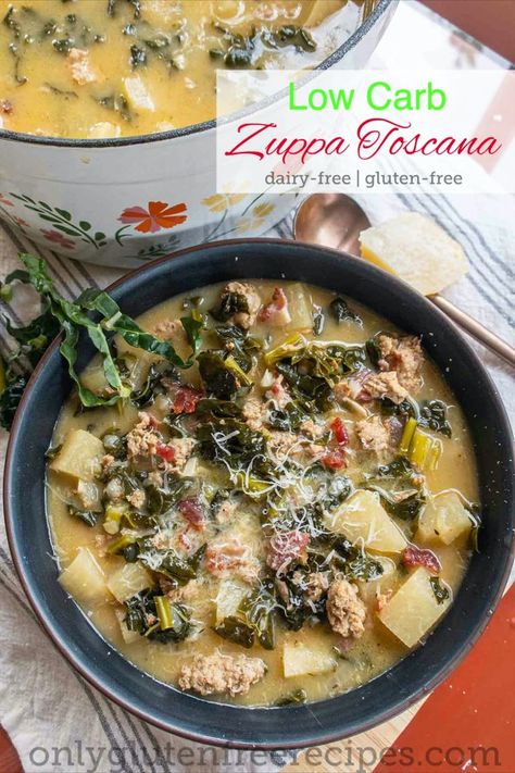 zuppa toscana in a bowl, dairy free, low carb, gluten free Low Carb Zuppa Toscana Soup, Homemade Italian Sausage, Sausage And Kale Soup, Tuscan Kale, Zuppa Toscana Soup, Tuscan Soup, Toscana Soup, Kale Soup, Homemade Sausage