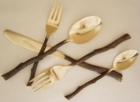 now that's different... but I am not so sure they are actually natural. But they could be. Branch handled flatware Bronze Flatware, Eating Utensils, Arbour Day, Serving Set, Cutlery Set, Kitchen Stuff, Forks, Meal Time, Kitchen Utensils